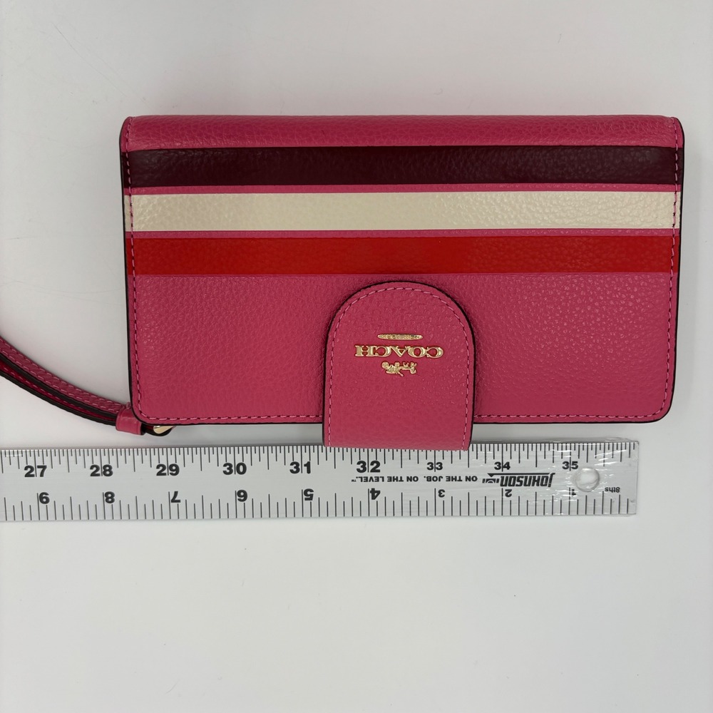 Coach Wristlet Wallet Womens Pink Red Striped Pebbled Leather C3363 - Picture 2 of 10